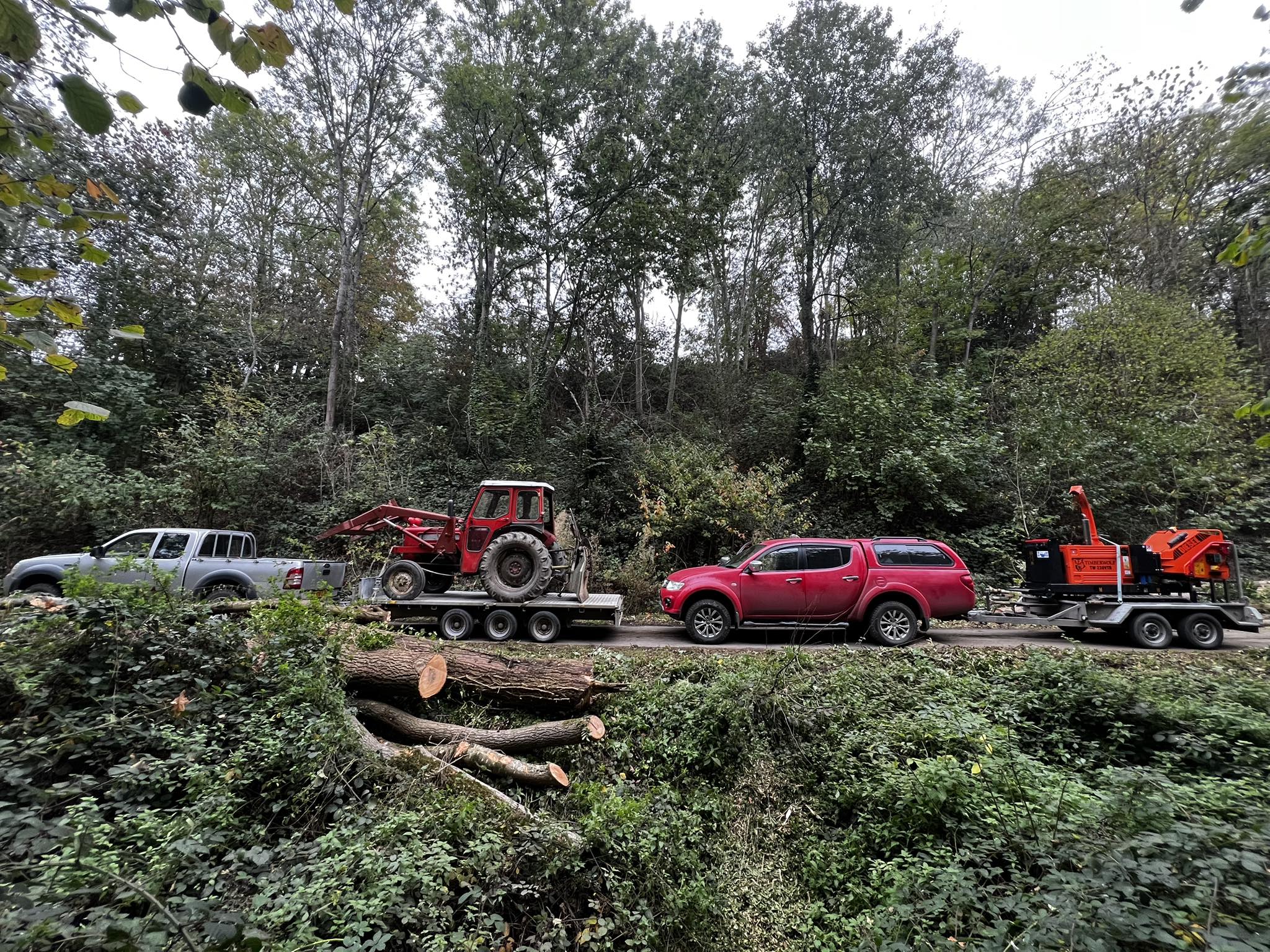 MJ Tree Care — vehicles and chipper on site